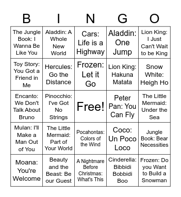 Disney Song Bingo Card