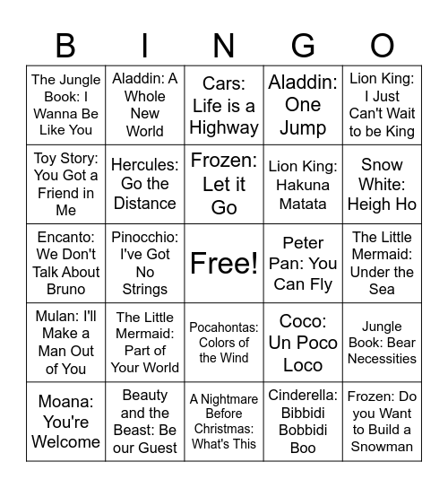 Disney Song Bingo Card