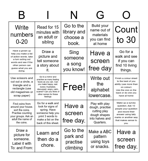 April Bingo Homework Challenge Bingo Card