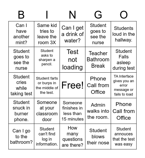 State Testing BINGO Card
