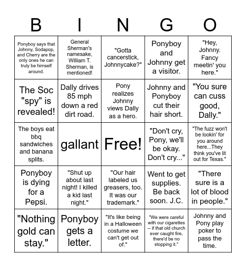 The Outsiders - Chapter 5 Bingo Card