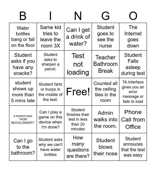 State Testing BINGO Card