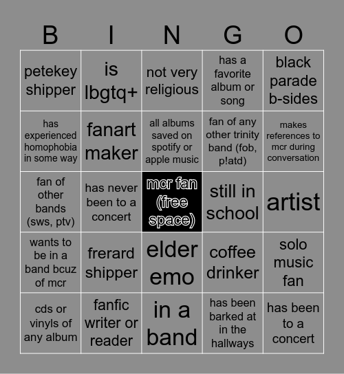 THE mcr fan bingo Card
