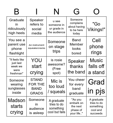 Selah BAND Graduation BINGO Card