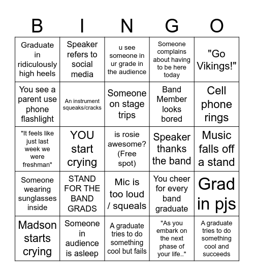 Selah BAND Graduation BINGO Card