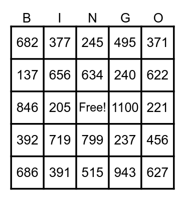 Multi-Digit Blackout Addition Game Bingo Card
