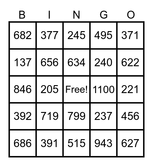 Multi-Digit Blackout Addition Game Bingo Card