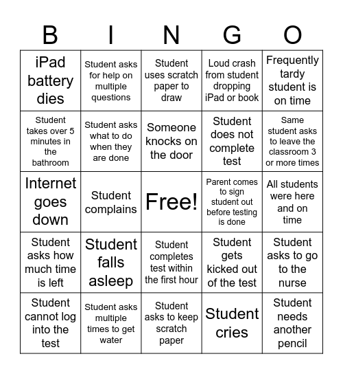 STATE TESTING BINGO Card