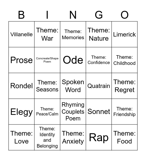 Poetry Bingo Card