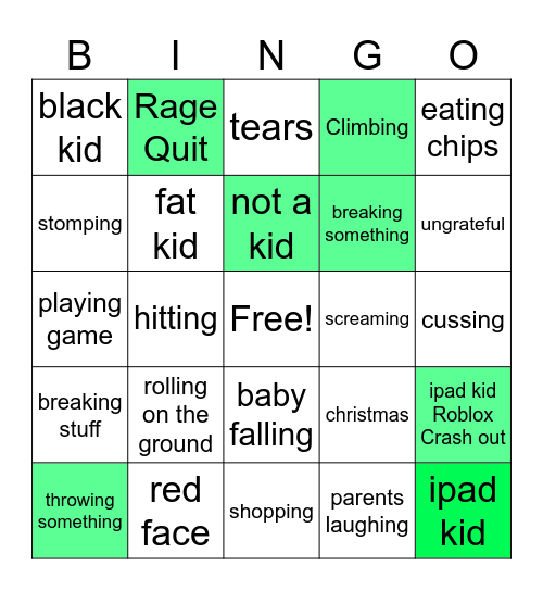 kid crashouts Bingo Card