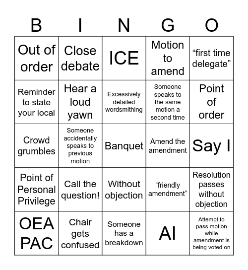 OEA Representative Assembly Bingo Card