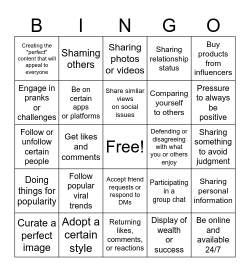 Under Peer Pressure- Common Sense Media Bingo Card