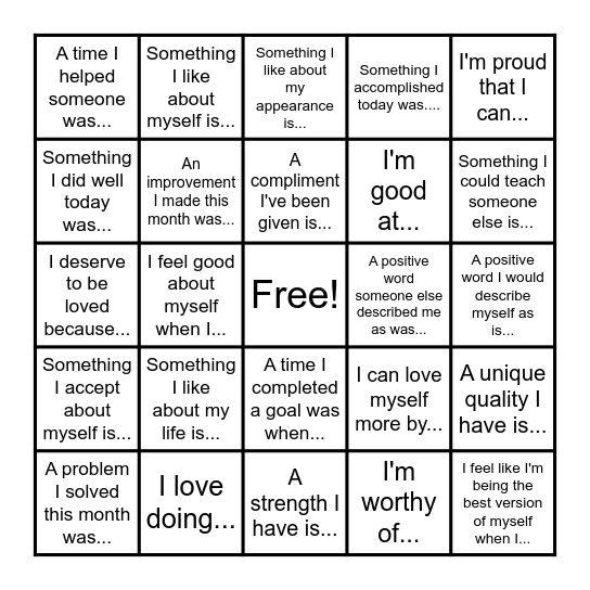 Positive Self Esteem Bingo Card