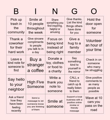 Random Acts of Kindness Bingo Card