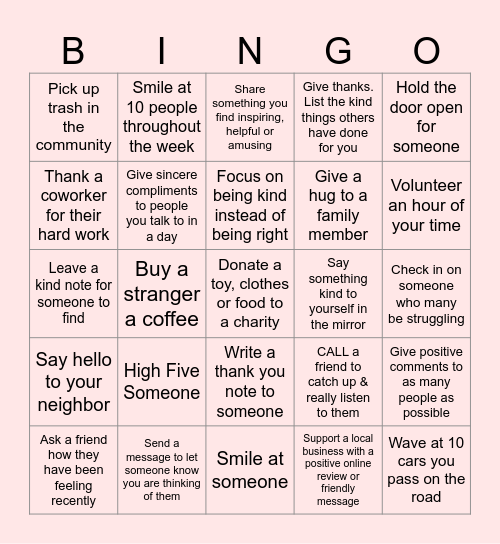 Random Acts of Kindness Bingo Card