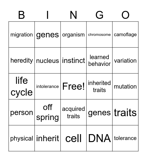 Genes and Traits Bingo Card