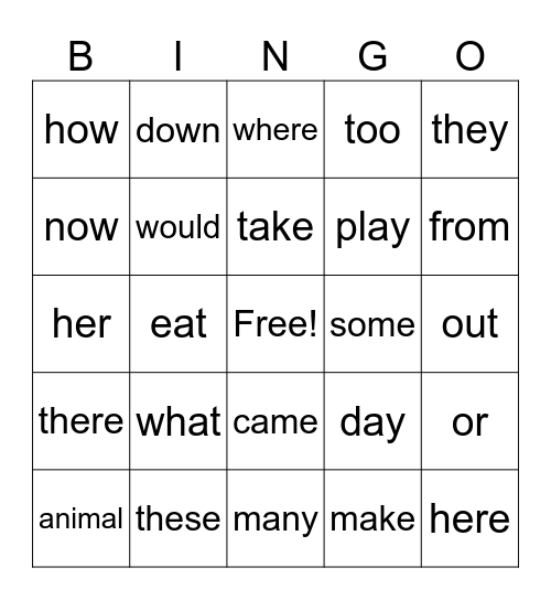 2G Words Bingo Card
