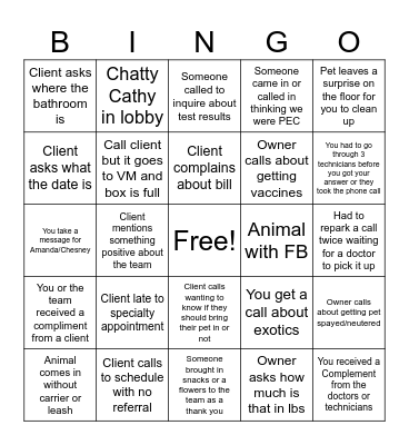 Veterinary Receptionists Bingo Card