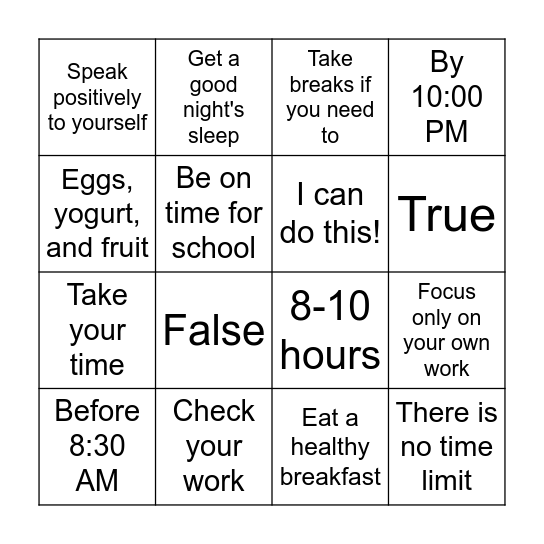 MAP Test BINGO Card