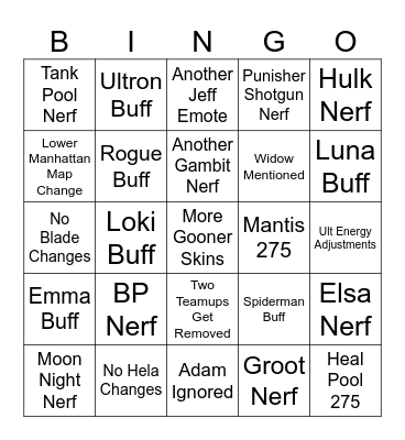 Marvel Rivals Season 7.5 Patch Notes Bingo Card