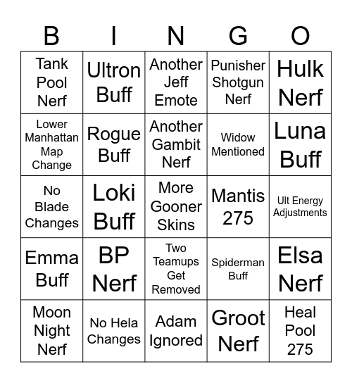 Marvel Rivals Season 7.5 Patch Notes Bingo Card