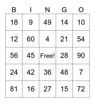 Multiplication Bingo Card