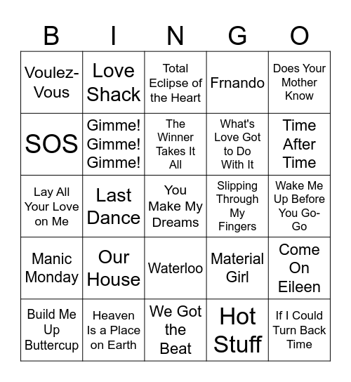 ABBA & Friends Bingo Card