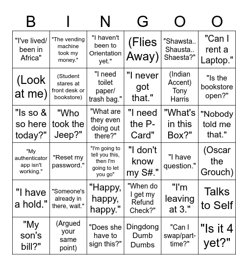 TCAT Start Date Bingo Card