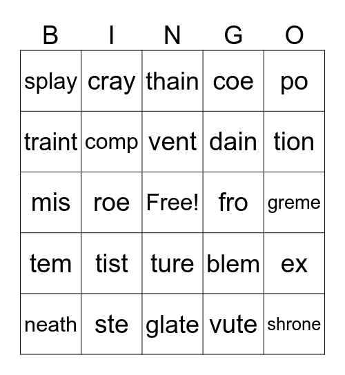 syllables Bingo Card