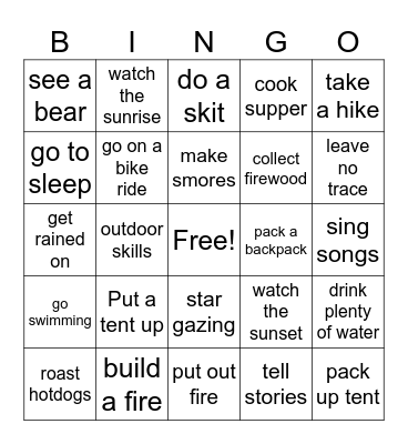 ML3 Things you do camping Bingo Card