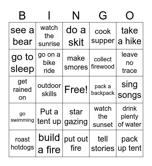 ML3 Things you do camping Bingo Card
