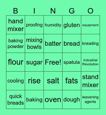 Culinary Arts Unit 4 Topic 1: The Science of Baking Bingo Card
