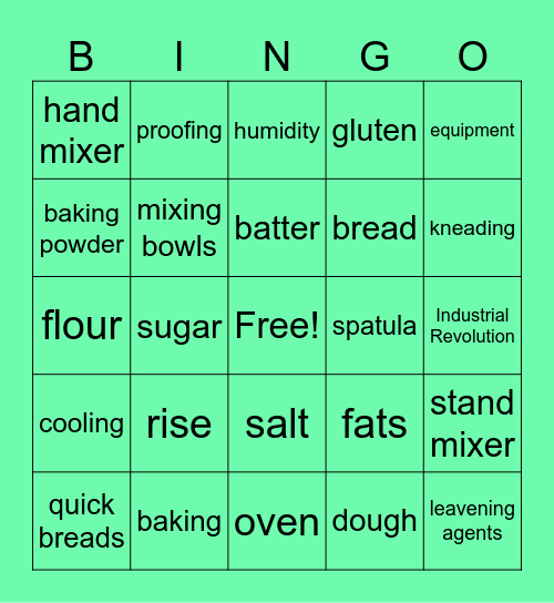 Culinary Arts Unit 4 Topic 1: The Science of Baking Bingo Card