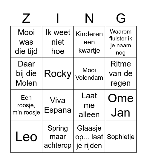 Muziekbingo Joure 15 april ronde 2 Bingo Card