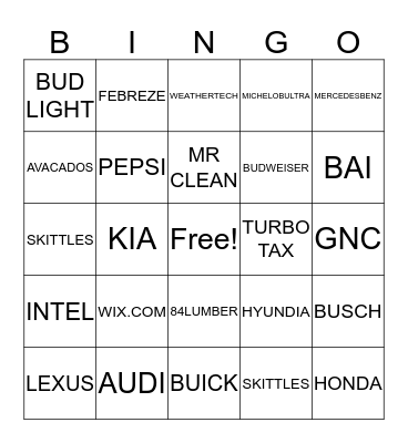 SUPERBOWL COMMERCIAL BINGO Card