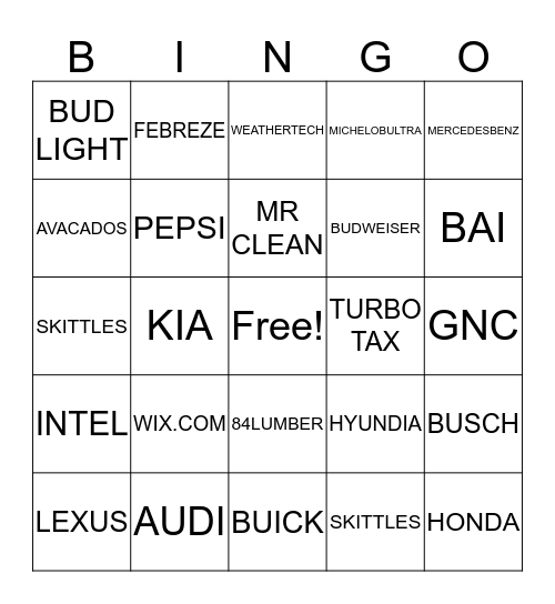 SUPERBOWL COMMERCIAL BINGO Card