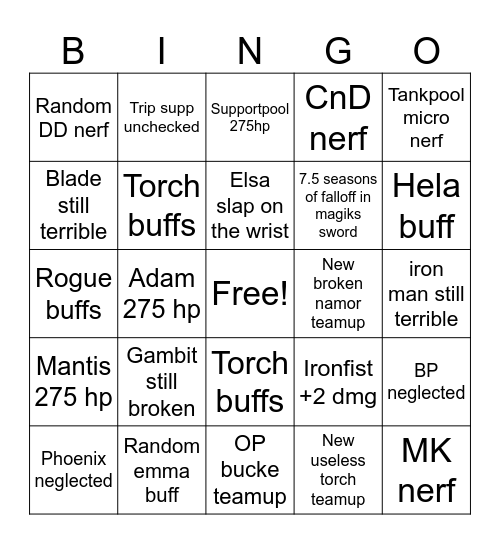 Season 7.5 patch notes Bingo Card