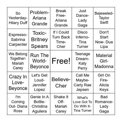 Pop Divas Bingo Card