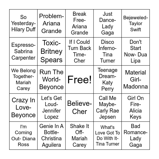 Pop Divas Bingo Card
