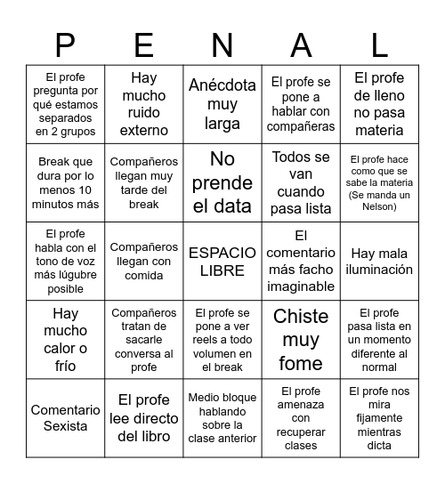 Bingo de Penal Bingo Card