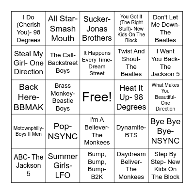 Boy Bands Bingo Card