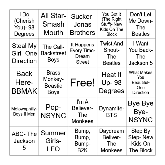 Boy Bands Bingo Card