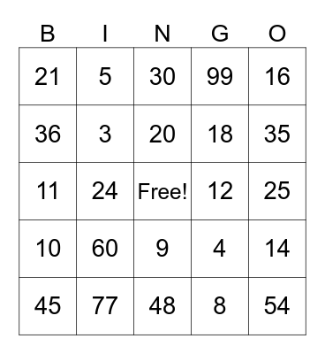 Multiplication Bingo Card