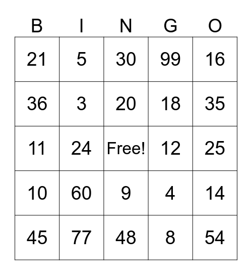 Multiplication Bingo Card