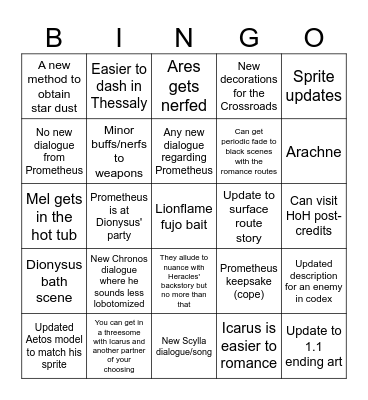 Hades 2 Console Update Bingo Card