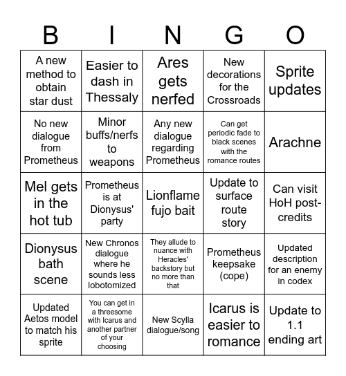Hades 2 Console Update Bingo Card