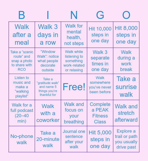 RCO Wellness Bingo Card