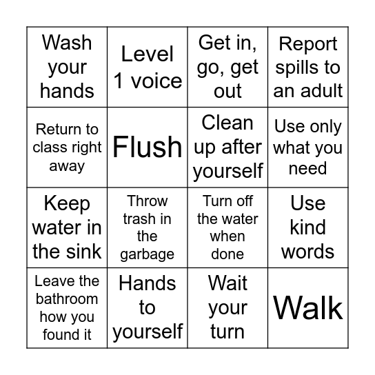 3 Bs Bathroom Expectations Bingo Card