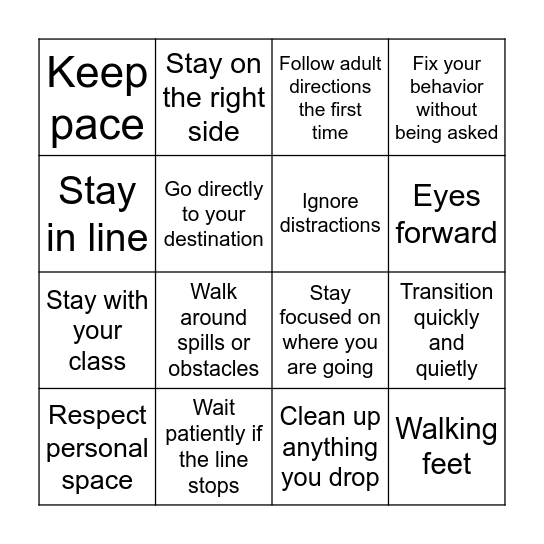 3Bs Hallway Expectations Bingo Card
