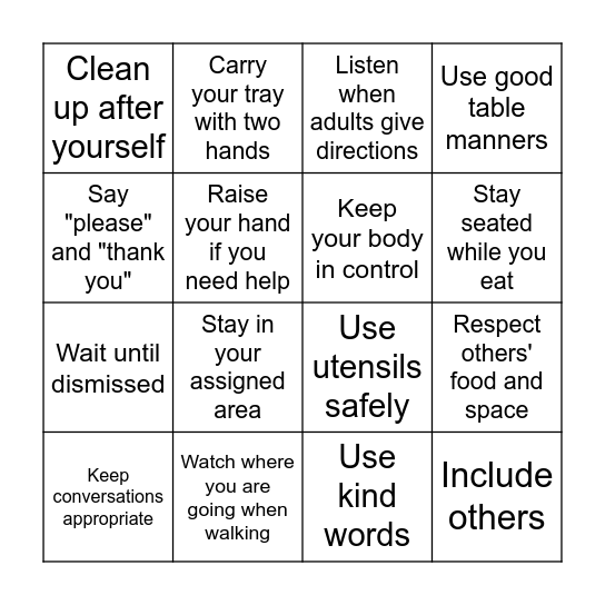 3Bs Cafeteria Expectations Bingo Card